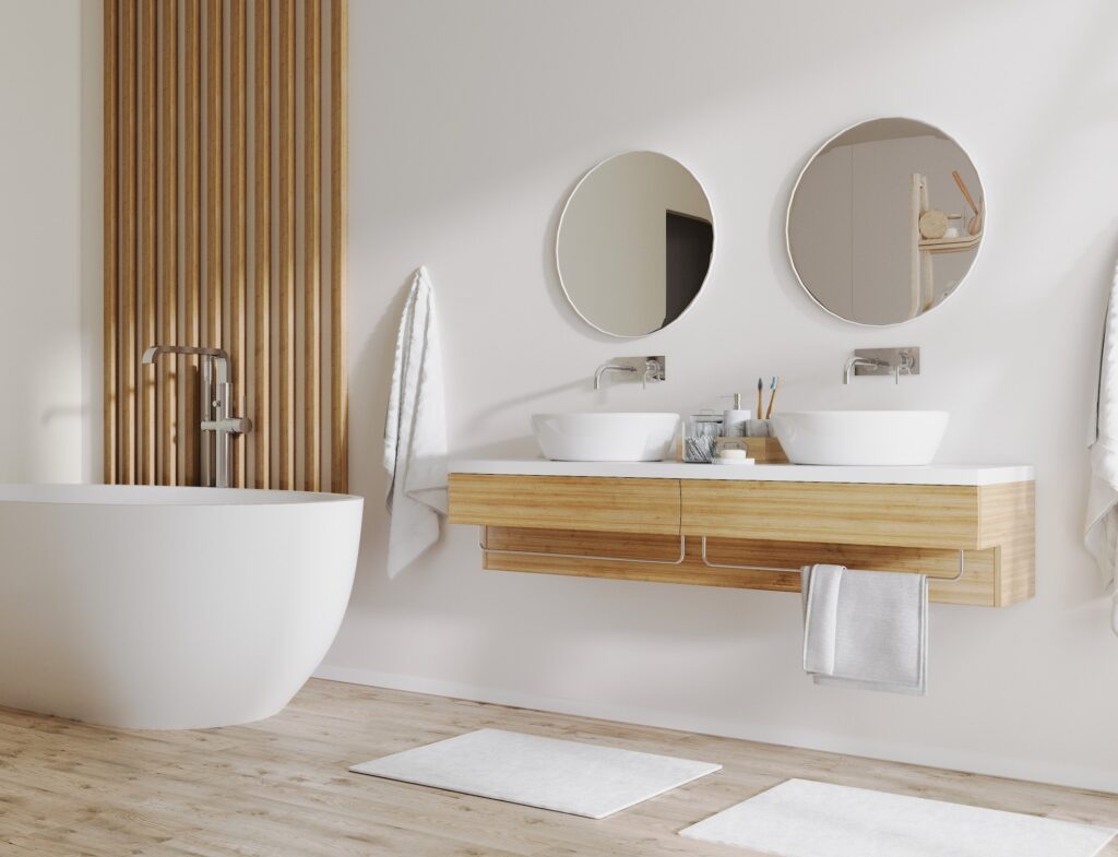 modern bathroom with wooden details and white wall, bathtub and double sink with cabinets, towels