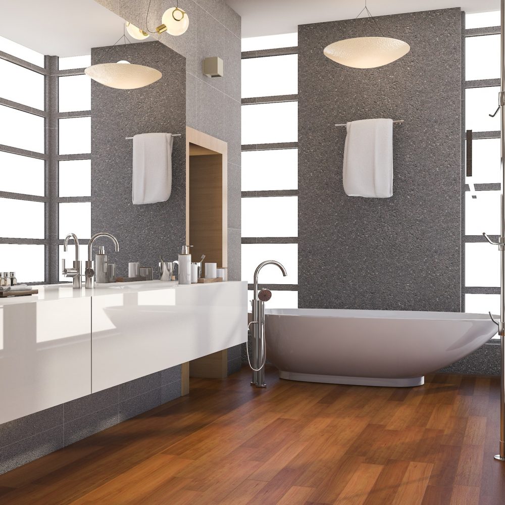 3d rendering grey stainless metal bathroom with white tile and stone til 3d rendering grey stainless metal bathroom with white tile and stone til