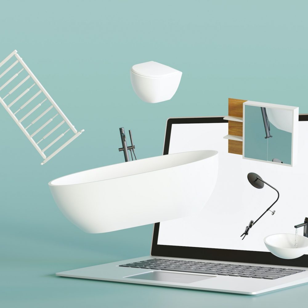 Laptop with flying bathroom details and sanitary wares. Shopping online. Furnishings sale Laptop with flying bathroom details and sanitary wares. Shopping online. Furnishings sale